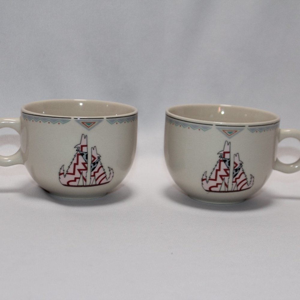 Vintage Epoch Korea Howling Wolves Coffee Tea Mugs Southwest Theme Set of 2